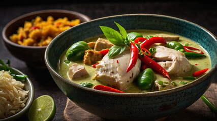 A bowl of green curry with chicken, rice, and vegetables