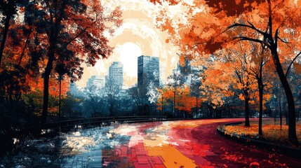 Poster - A painting of a city street with a river running through it