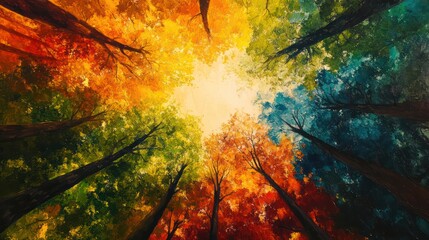 Poster - A painting of a forest with trees of different colors