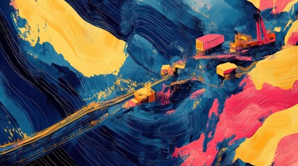 Poster - A painting of a city with a blue sky and yellow and red buildings