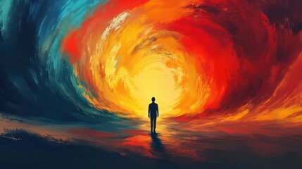 Wall Mural - A man stands in front of a large, colorful wave