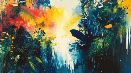 Poster - A painting of a jungle scene with a blue sky and green trees