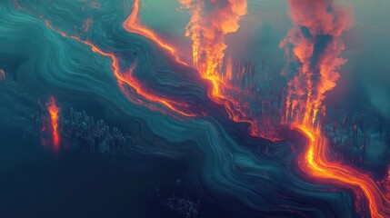 Poster - A lava flow is seen in the distance, with a city in the foreground