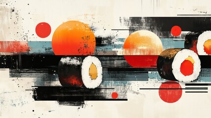 Poster - A painting of sushi with a red and yellow background