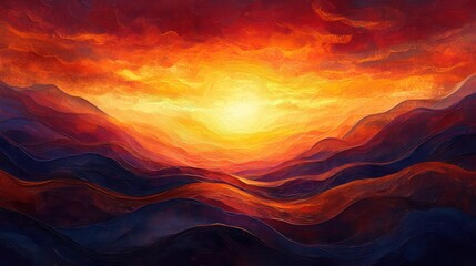 Fototapete - A painting of a sunset with mountains in the background