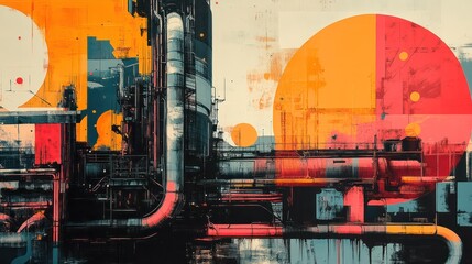 Poster - A painting of a cityscape with a red and yellow circle in the middle