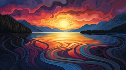 Poster - A painting of a sunset over a lake with a mountain in the background