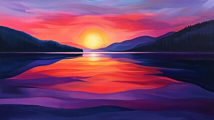 Wall Mural - A painting of a sunset over a lake with a sun in the sky