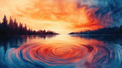 Poster - A painting of a lake with a red and orange sunset in the background