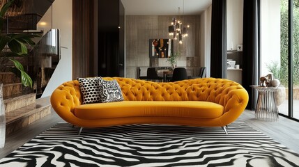 A large orange couch is the centerpiece of a living room with a zebra print rug