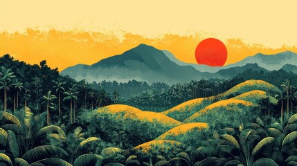 Poster - A painting of a mountain range with a large red sun in the sky