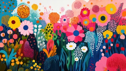 Poster - A colorful painting of a field of flowers with a blue sky in the background