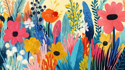 Poster - A colorful painting of a field of flowers with butterflies and birds