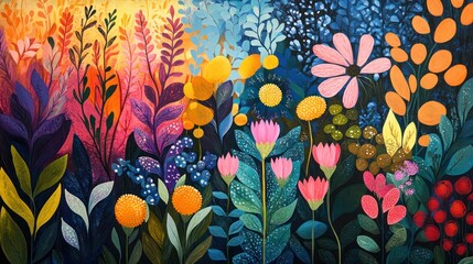 Poster - A painting of a field of flowers with a bright blue sky in the background