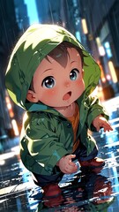 Poster - anime baby boy in green raincoat character illustration cartoon design