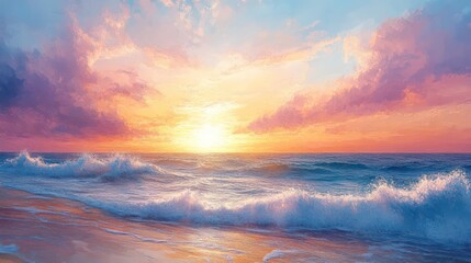 Wall Mural - a painting of a beach with a sunset in the background