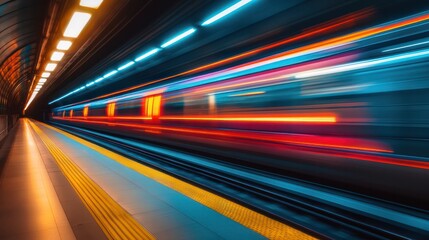 Fototapete - A train is moving through a tunnel with bright lights