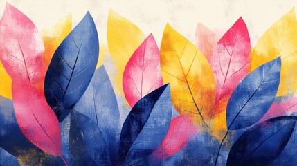 Poster - A painting of a bunch of leaves with blue, pink, and yellow colors