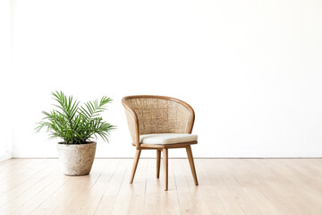 Poster - Minimalist Interior with Rattan Chair and Green Plant