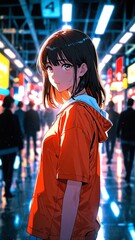 Poster - anime girl in orange casual wear character illustration cartoon design