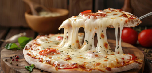 Canvas Print - A delicious slice of pizza with lots of cheese is being pulled out by the folk and dripping in melting white cheese, on an old wooden table.