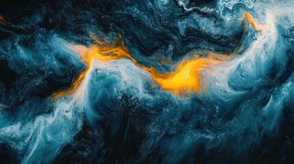 Poster - A painting of a blue ocean with yellow streaks