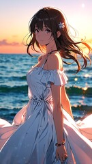 Poster - anime girl in summer white dress character illustration cartoon design