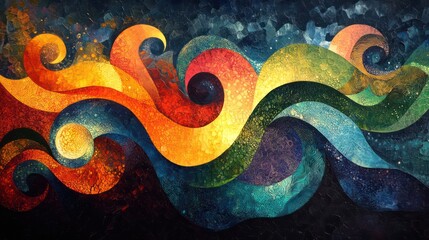 Leinwandbilder - A colorful painting of waves with a rainbow in the middle
