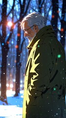 Wall Mural - anime grandfather in green winter coat character illustration cartoon design