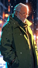 Poster - anime grandfather in green winter coat character illustration cartoon design