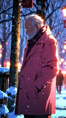 Canvas Print - anime grandfather in pink winter coat character illustration cartoon design