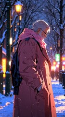 Poster - anime grandfather in pink winter coat character illustration cartoon design