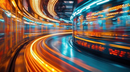 Fototapete - A blurry image of a train with lights on it