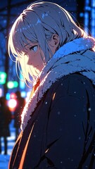 Poster - anime grandmother in blue winter coat character illustration cartoon design