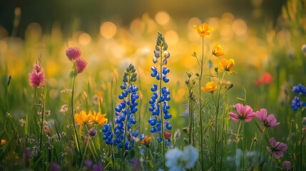Poster - A field of flowers with a bright blue flower in the middle