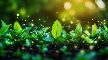 Poster - A green leaf is surrounded by a web of lines