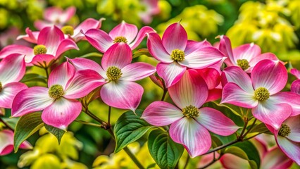 Vibrant pink and white bracts of Cornus kousa var. chinensis, Chinese Dogwood, bloom in clusters, surrounding tiny yellow flowers against a lush green backdrop.