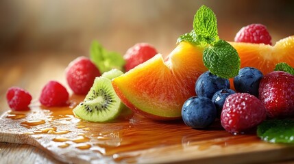 Wall Mural - Fresh assortment of strawberries, oranges, raspberries, kiwi, and pineapple on a wooden plate, illuminated by soft morning light