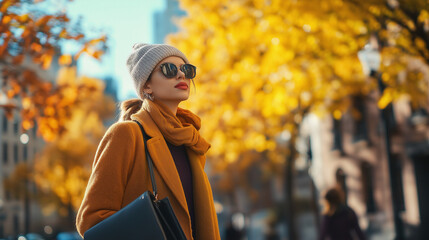 A fashionable individual walking through an autumn cityscape, dressed in chic fall attire