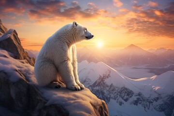 Wall Mural - a polar bear stands on a snowy ledge with the sun behind him