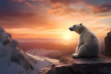Wall Mural - a polar bear stands on a snowy ledge with the sun behind him
