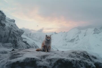 Wall Mural - a fox sits on a rock in front of a sunset