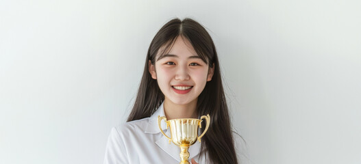 a professional woman dressed in a white suit holds a gold trophy cup. Set against a white background, this image is ideal for themes of success, business attire, and corporate environments.