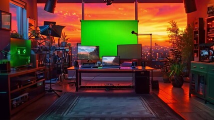 Aufkleber - This vibrant home office setup with screens and stunning sunset views.