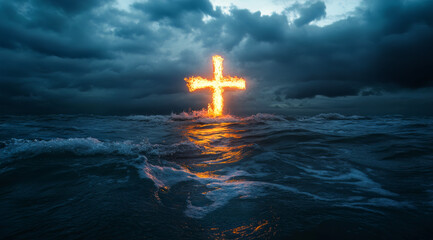 Christian cross is burning in the ocean, a symbol of strong enduring religion, faith and miracles