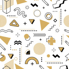 Wall Mural - Hipster Memphis seamless pattern background with abstract geometric shapes, vector 80s or 90s art. Modern or retro Memphis pattern background of minimal line figures and hipster geometric elements