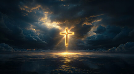 Wall Mural - Christian cross is burning in the ocean, a symbol of strong enduring religion, faith and miracles