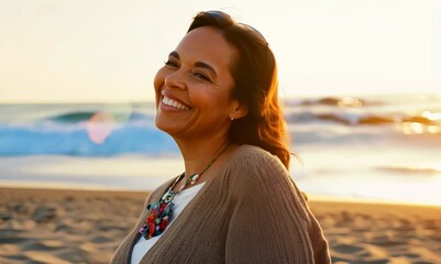 Wall Mural - Medium shot portrait video of a cheerful Nigerian woman in her 40s wearing a chic cardigan against a beach background 