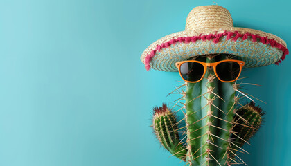 Wall Mural - Cactus wearing a sombrero hat and sunglasses on a pastel blue background with copy space, Mexican fiesta concept