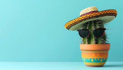 Wall Mural - Cactus wearing a sombrero hat and sunglasses on a pastel blue background with copy space, Mexican fiesta concept